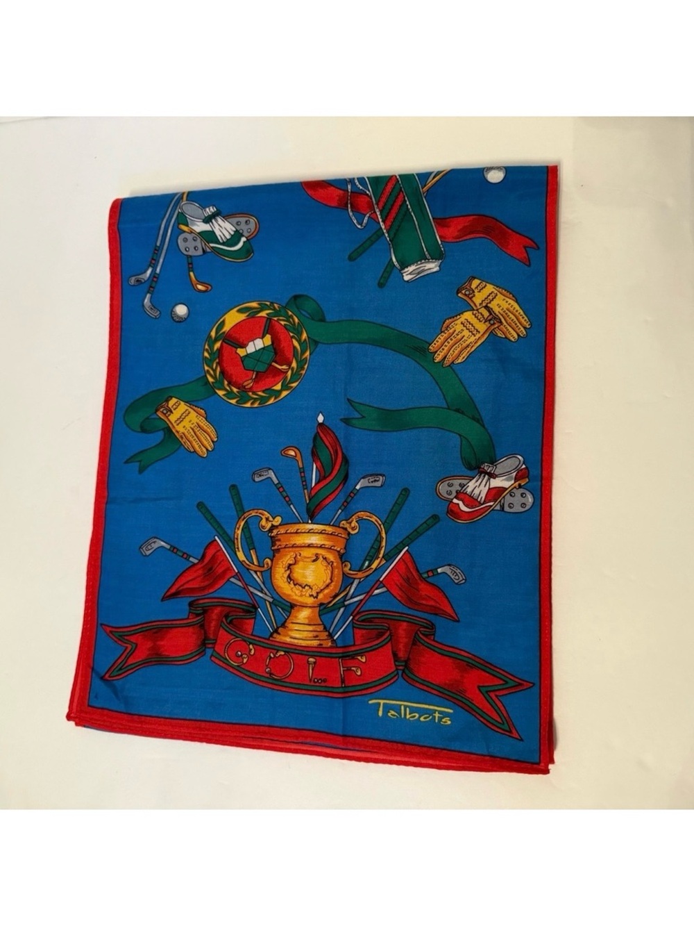 TALBOTS SCARF GOLF THEME BLUE RED GOLD MULTI COLOR RECTANGLE COTTON SILK BLEND